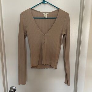 Ribbed V-Neck Long Sleeve Top - Beige